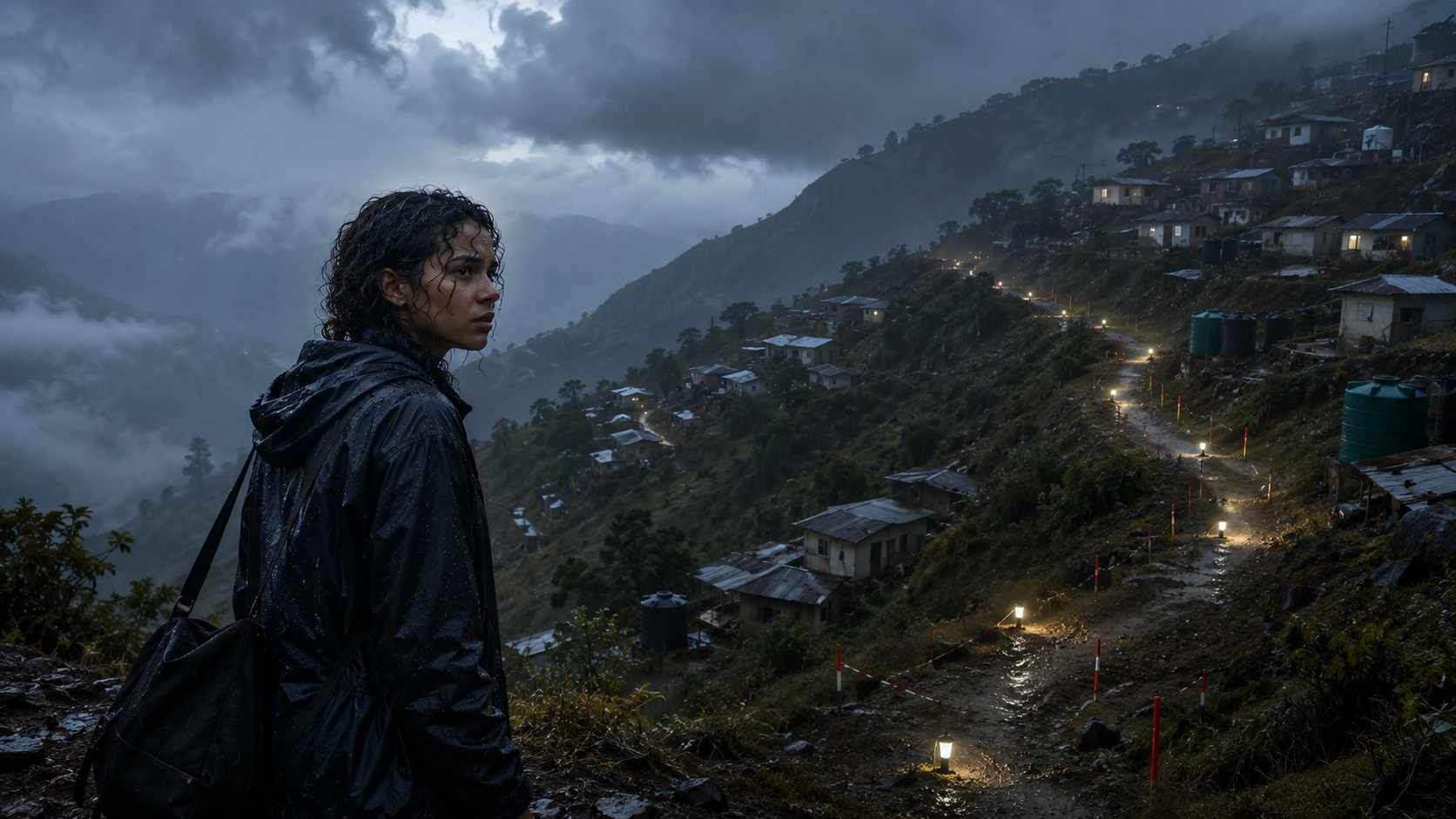 Nara surveys storm-soaked Kavera Ridge while an evacuation route is mapped across the unstable hillside