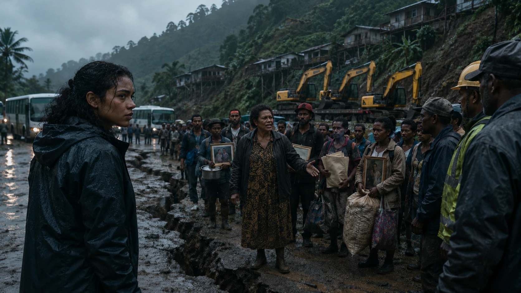 Nara faces residents and officials on a cracked muddy road, with evacuation buses and Harbour Crown excavators behind them.