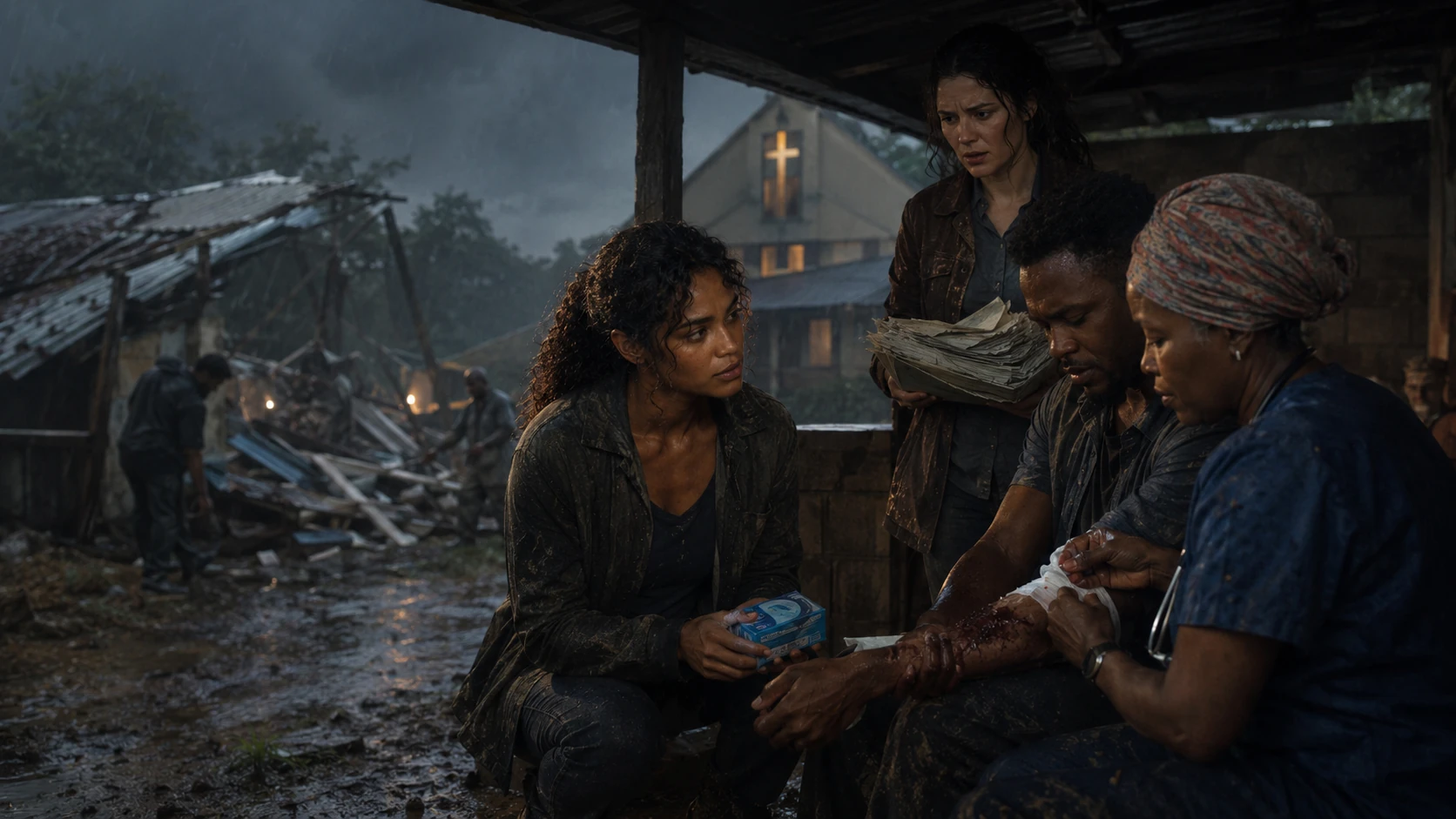 Nara kneels near Kelechi as Nurse Sefa treats his cut, with the collapsed clinic and evacuation work behind them.