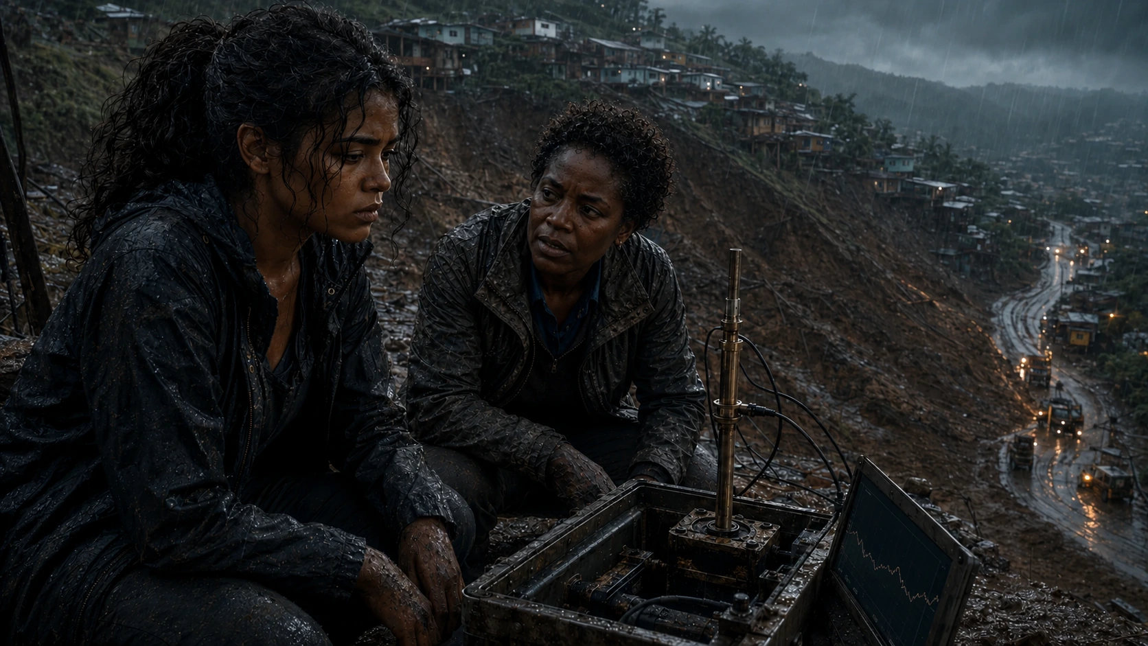 Nara and Adaeze examine an in-place inclinometer beside the fresh landslide scar while the deep displacement graph changes.