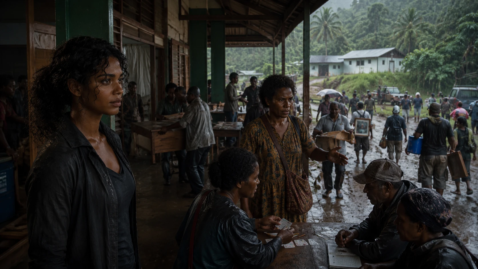 Nara and Miri stand inside the ward-school shelter while residents register households, records and supplies under public notice.