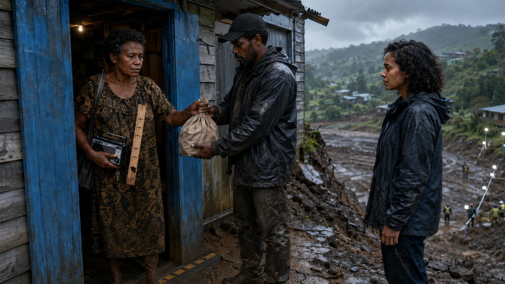 Miri stands at her blue door with her key and one bag while Kila waits at the threshold and Nara remains outside the marked entry line.