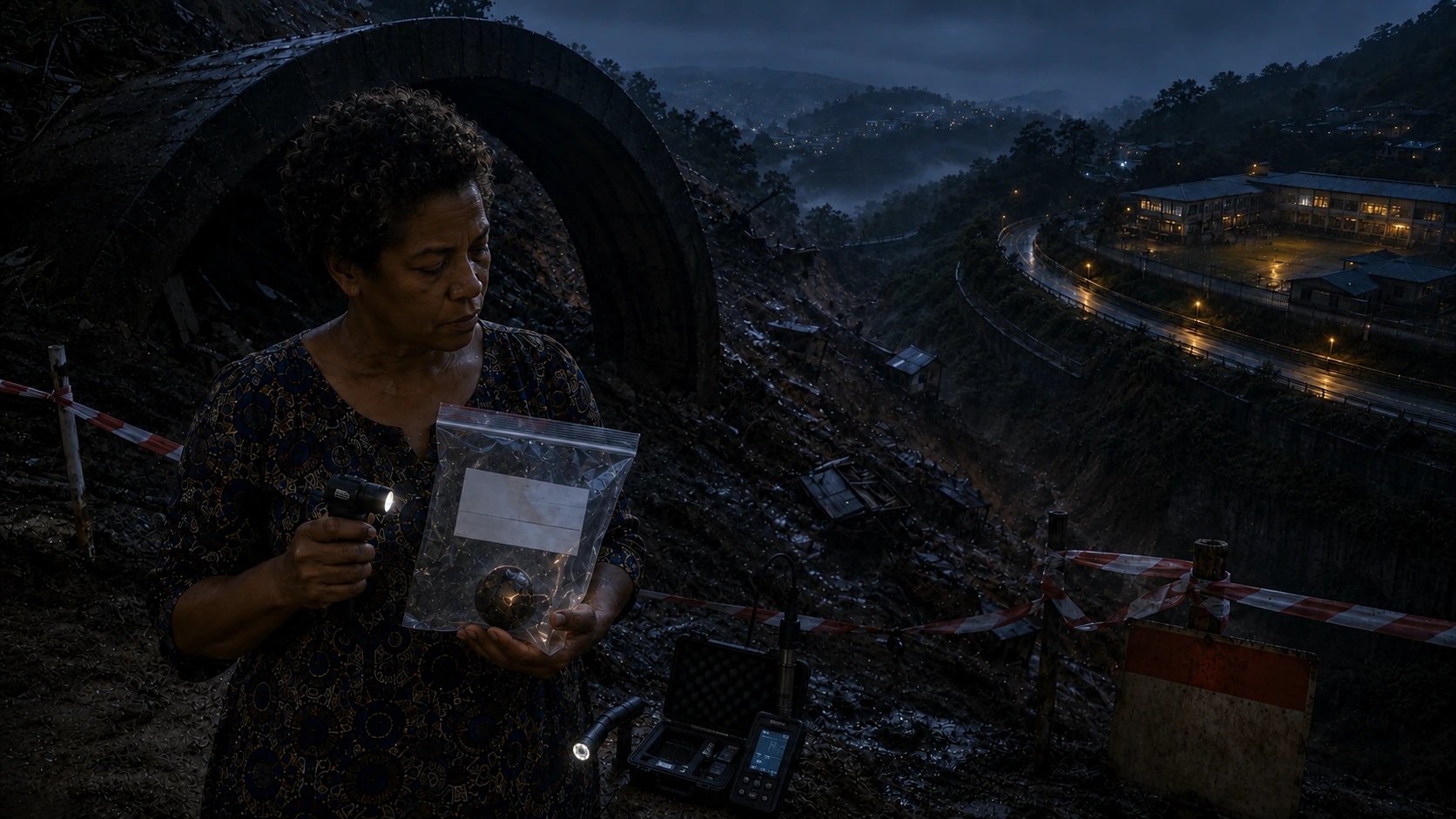 At dusk Adaeze examines a seamless black arc exposed beneath the hill while holding the instrumented evidence pouch containing the dark sphere.